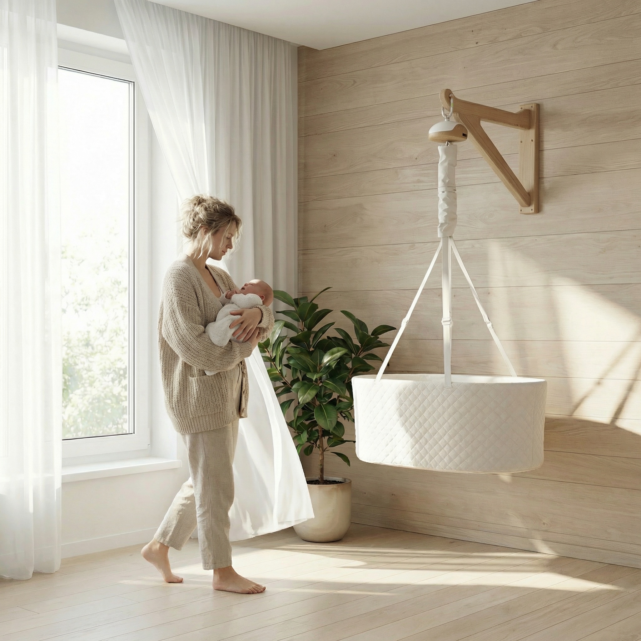 Leje Oval vugge - Vægmonteret skandinavisk træarm (indendørs/udendørs) med Balance Vuggemotor | Mor Og Børn - Billede 2