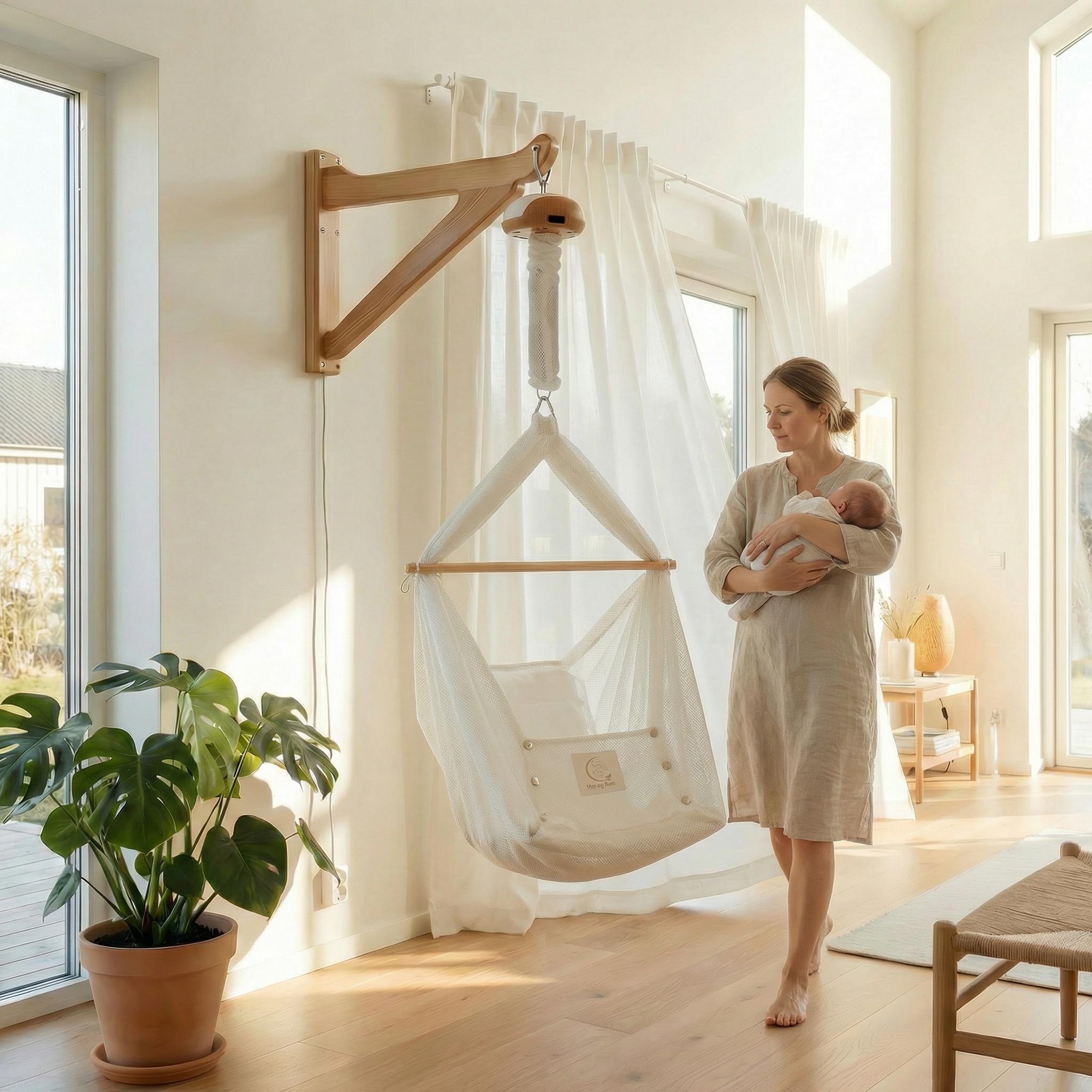 Leje Slyngevugge Premium- Vægmonteret skandinavisk træarm (indendørs/udendørs) med Balance Vuggemotor | Mor Og Børn - Billede 2